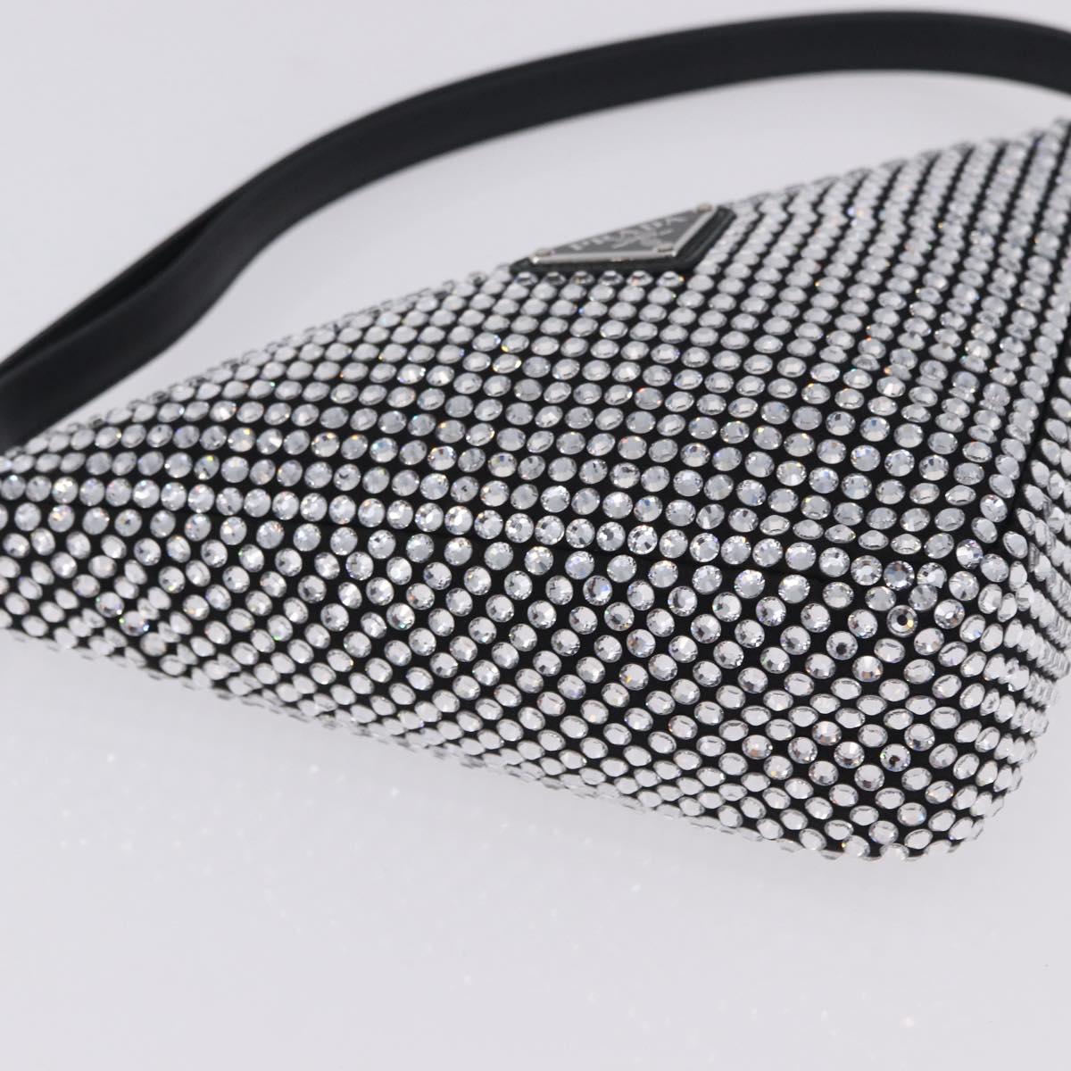 PRADA Rhinestone Hand Bag Canvas Black Silver Auth 199965M