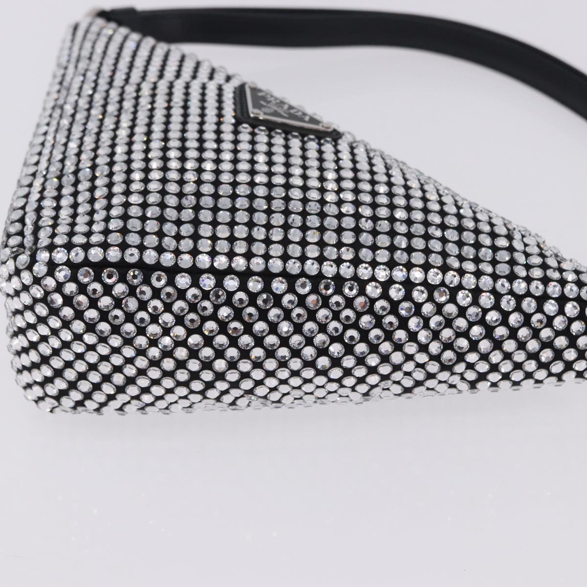 PRADA Rhinestone Hand Bag Canvas Black Silver Auth 199965M