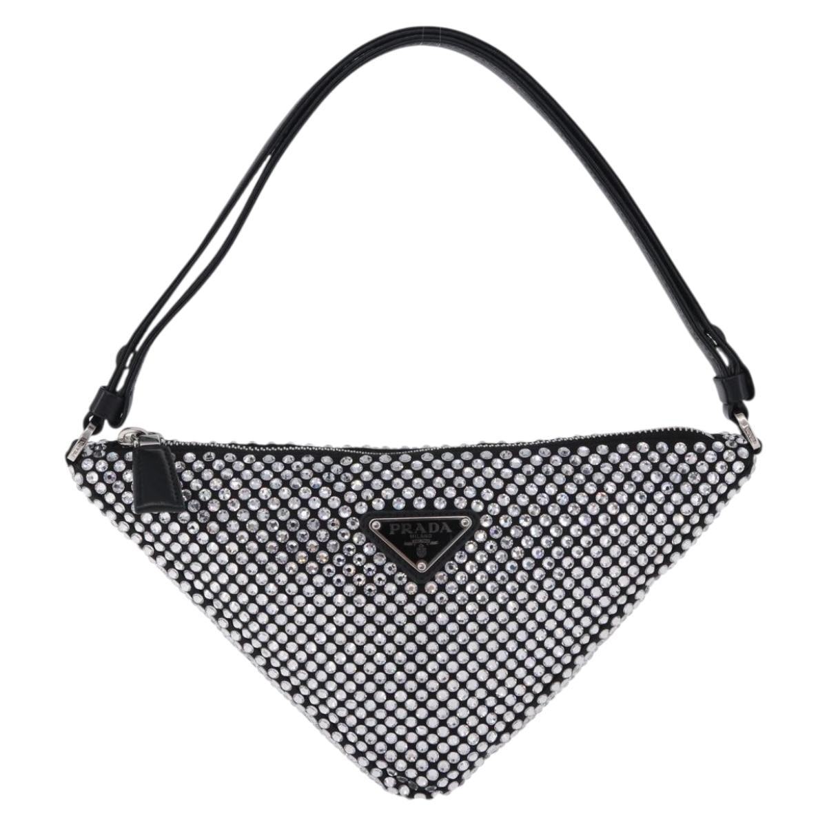 PRADA Rhinestone Hand Bag Canvas Black Silver Auth 199965M