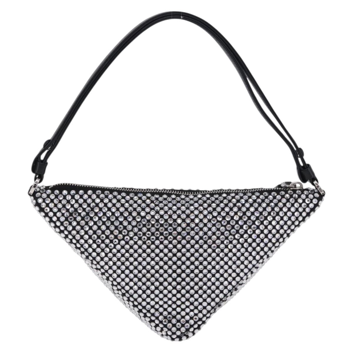 PRADA Rhinestone Hand Bag Canvas Black Silver Auth 199965M