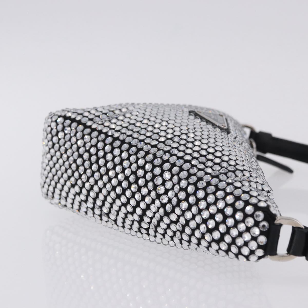 PRADA Rhinestone Hand Bag Canvas Black Silver Auth 199965M