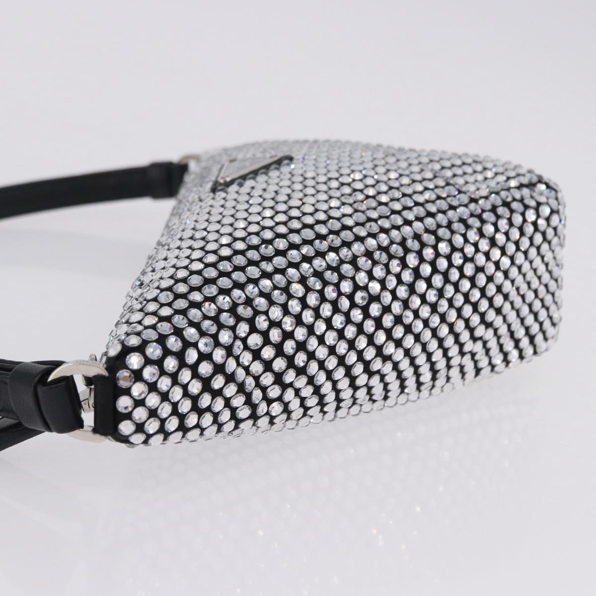 PRADA Rhinestone Hand Bag Canvas Black Silver Auth 199965M