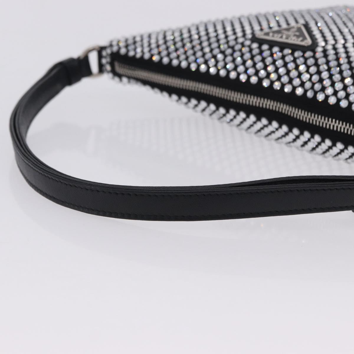 PRADA Rhinestone Hand Bag Canvas Black Silver Auth 199965M
