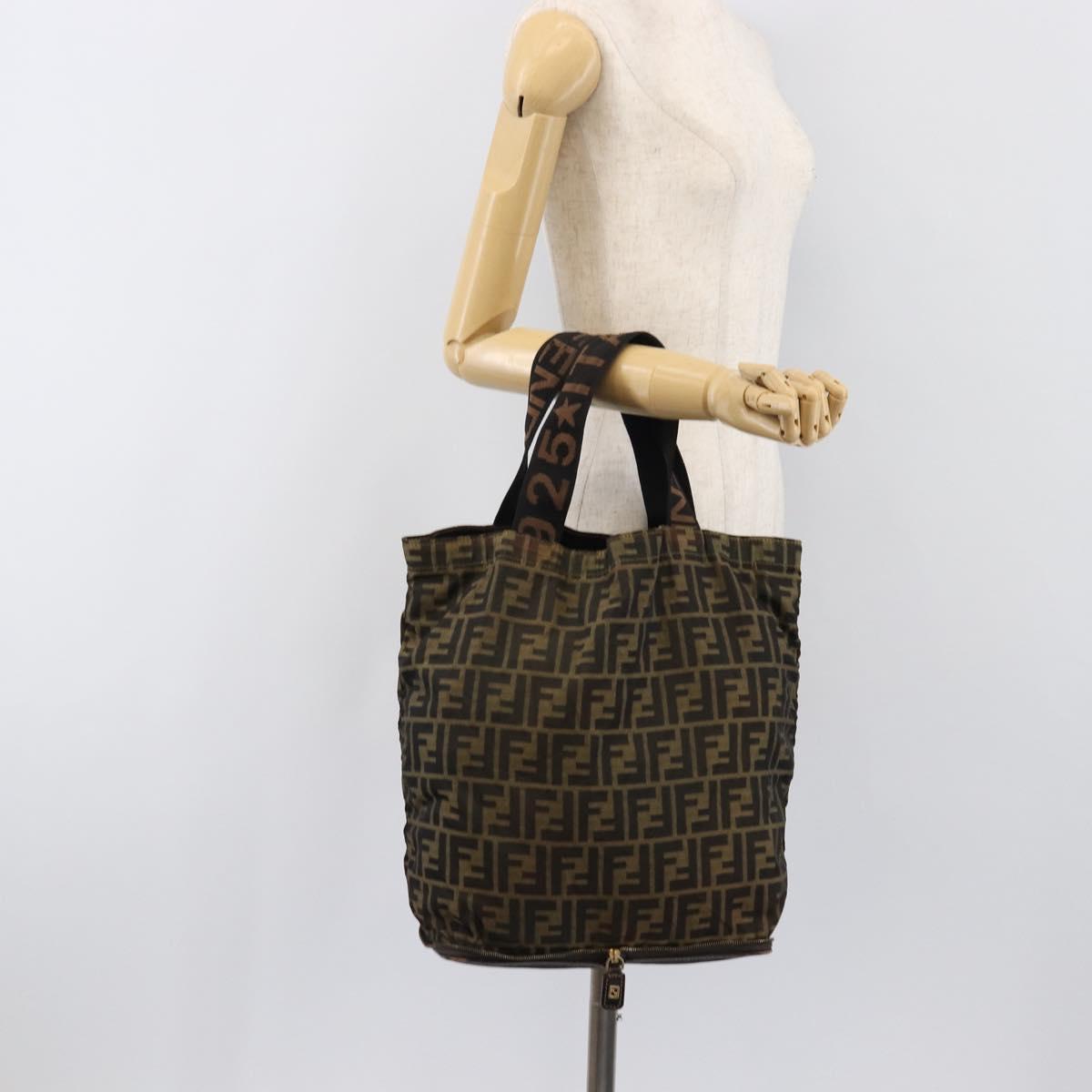 FENDI Zucca Canvas Tote Bag Nylon Brown Black Auth 199977