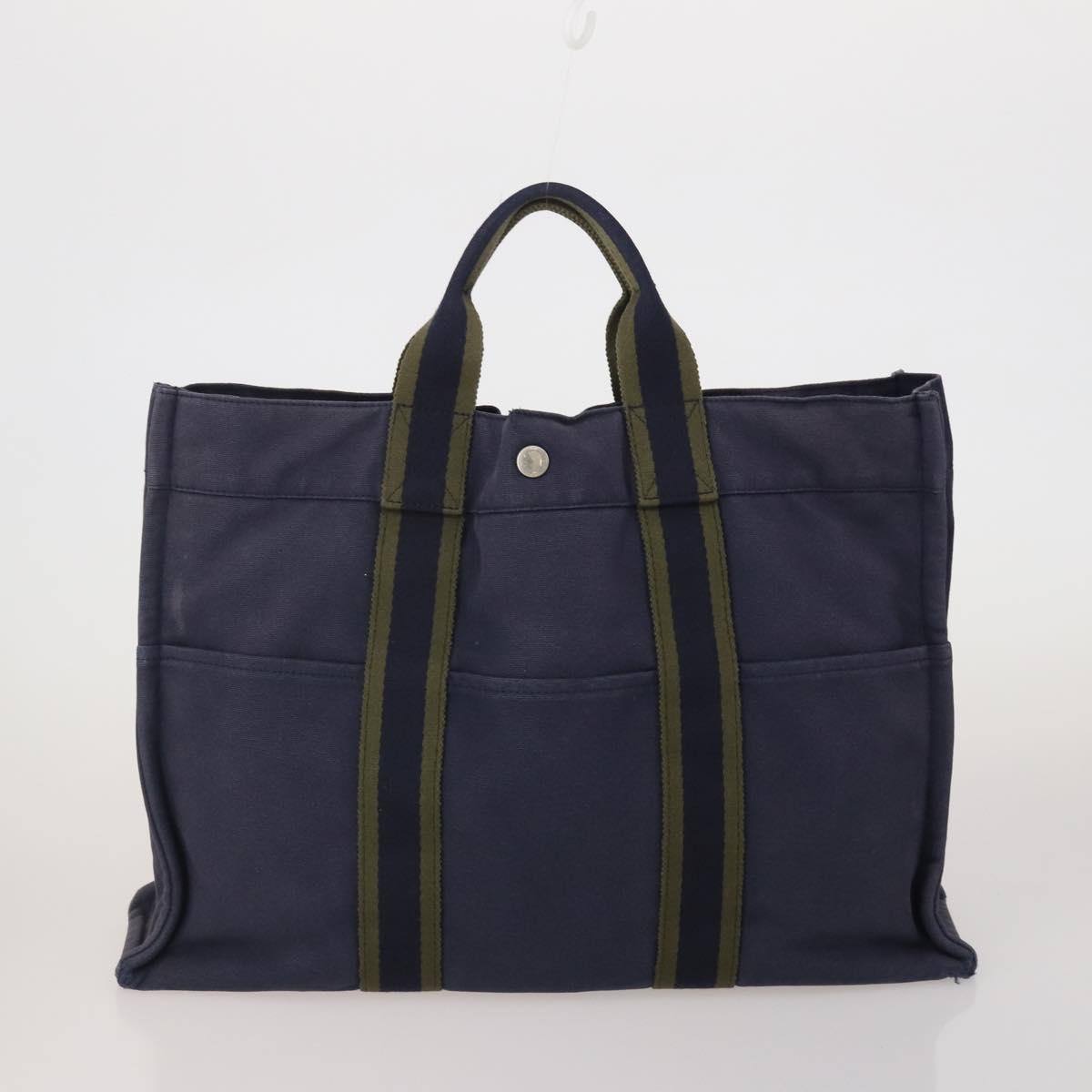 HERMES Fourre Tout MM Hand Bag cotton 4Set Navy Black Auth 199989