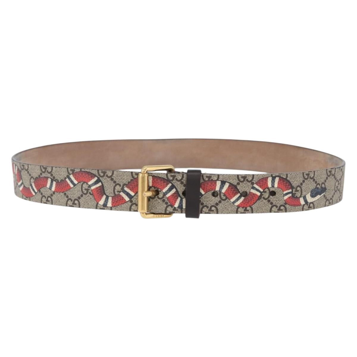 GUCCI GG Supreme King Snake Print Belt PVC 39.4"" Beige Gold 434520 Auth 199995A