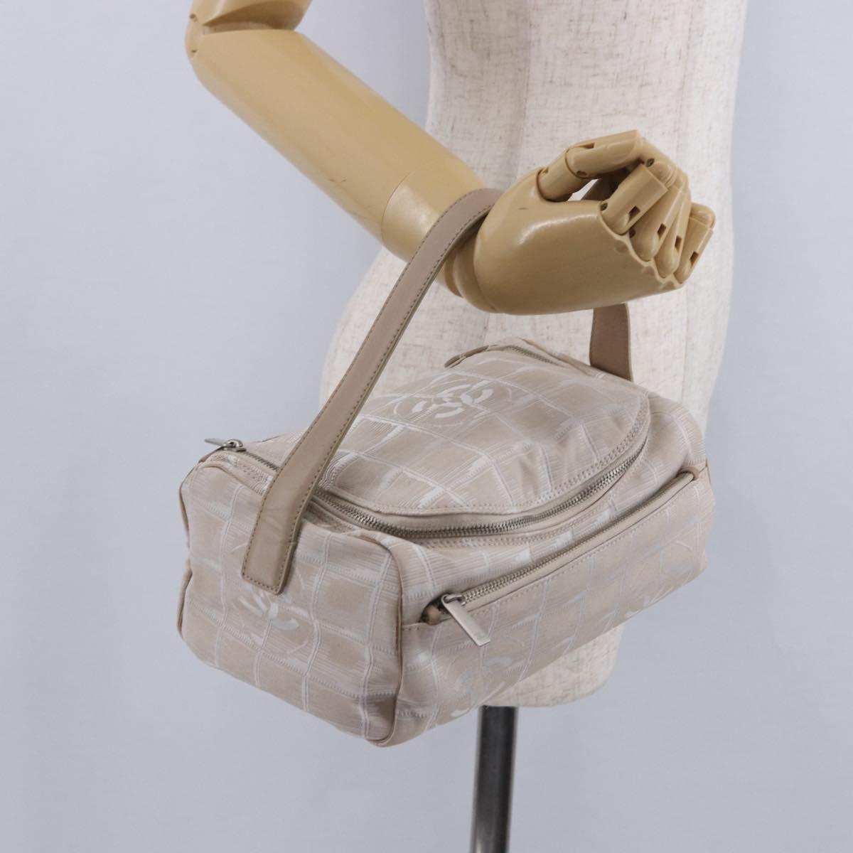 CHANEL New Travel Line Cosmetic Pouch Nylon Beige CC Auth 199997A