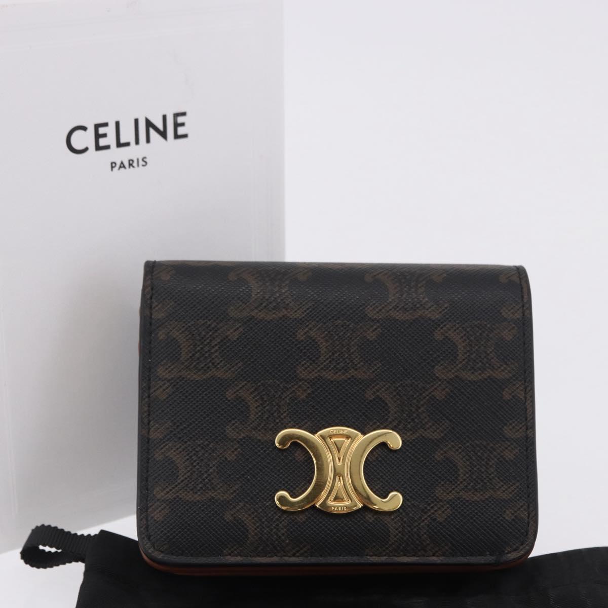 CELINE Triomphe Wallet PVC Gold Dark Brown Auth 200004M
