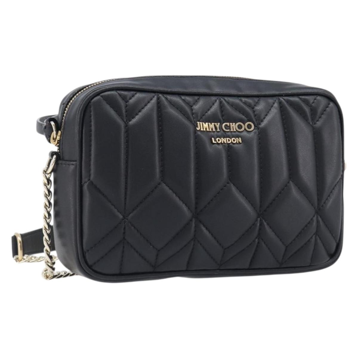Jimmy Choo Chain Shoulder Bag Leather Black Gold Auth 200006A