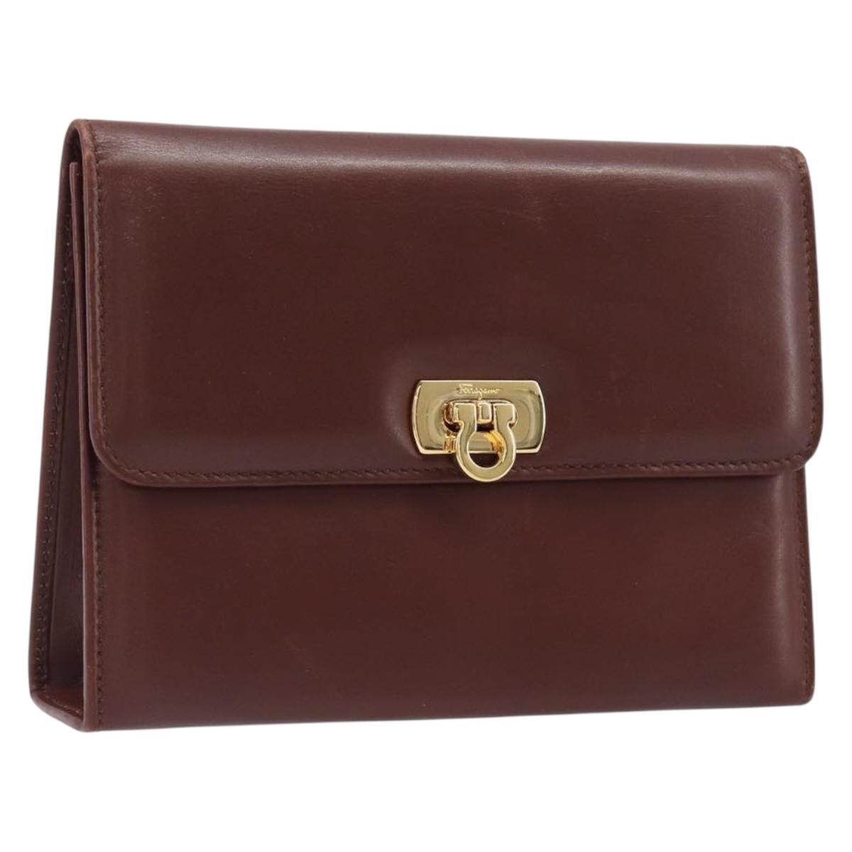 Salvatore Ferragamo Clutch Bag Leather Brown Gold Auth 200009