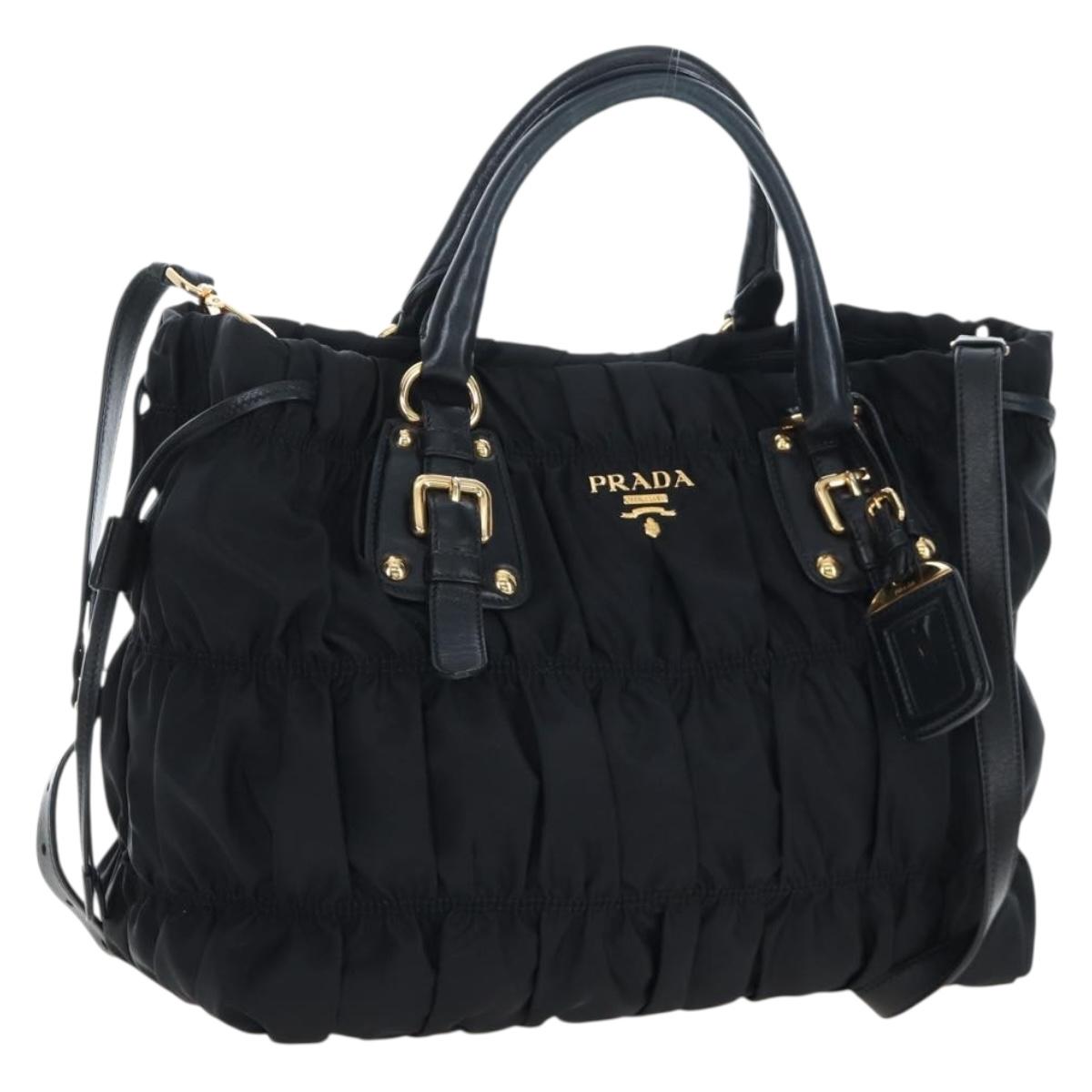 PRADA Hand Bag Nylon 2way Black Gold Auth 200017V
