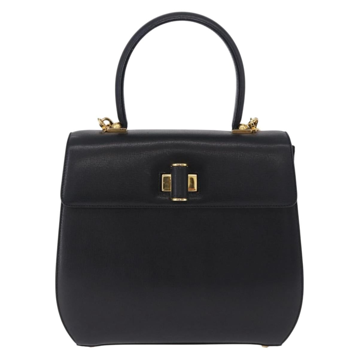 Salvatore Ferragamo Gancini Hand Bag Leather 2way Black Gold Auth 200051A