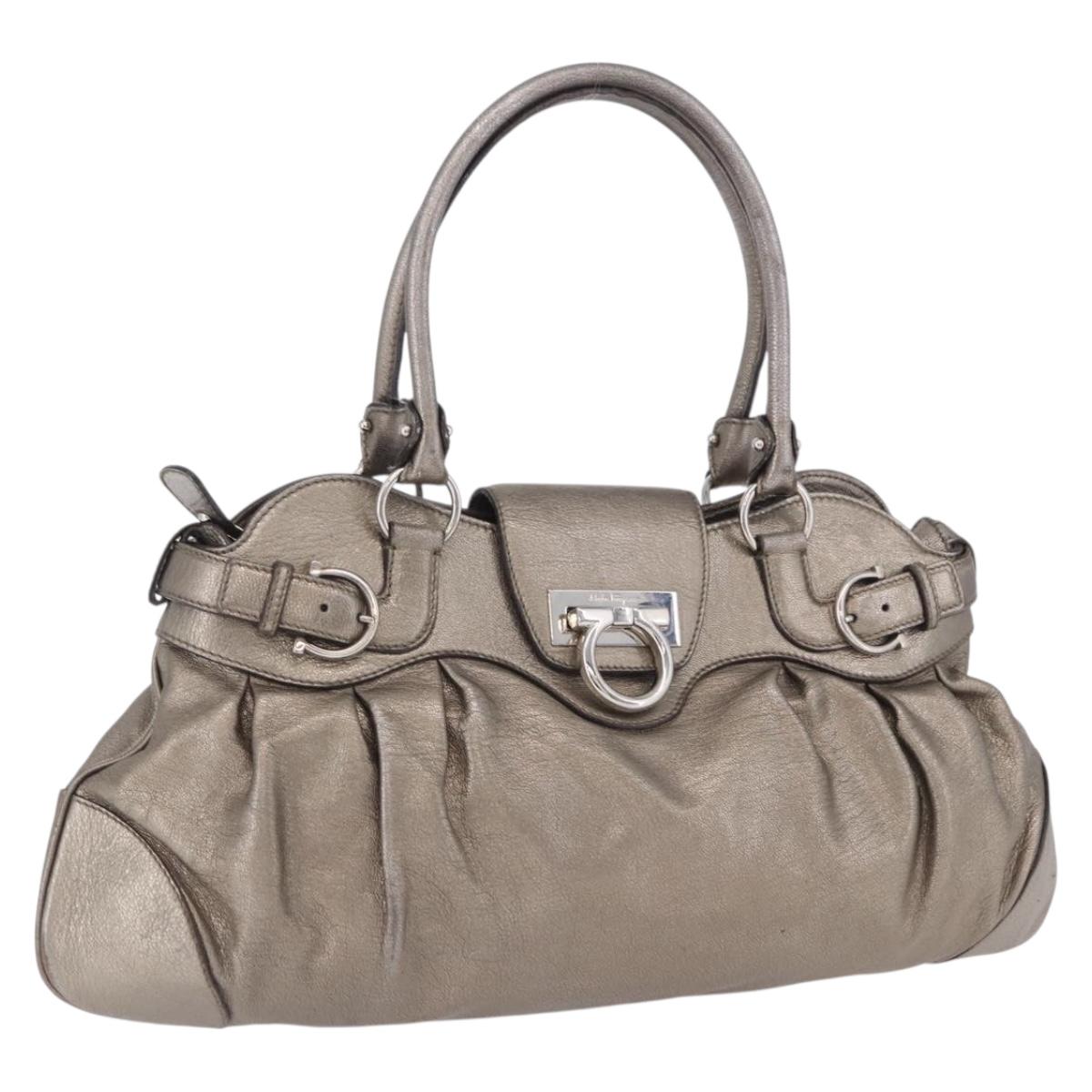 Salvatore Ferragamo Gancini Hand Bag Leather Gold Silver Auth 200055A