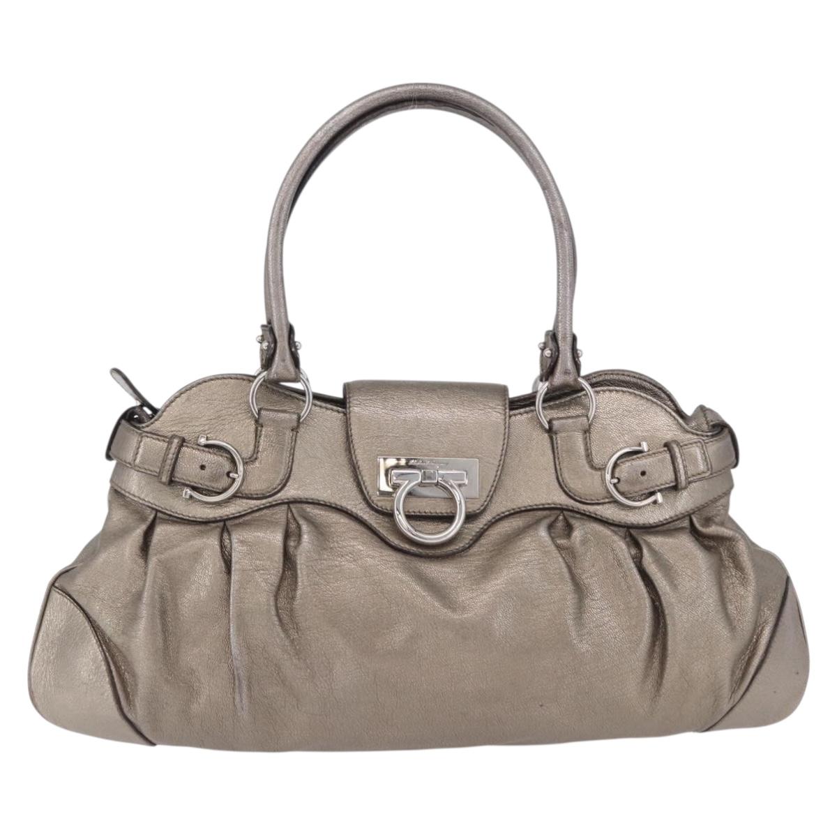 Salvatore Ferragamo Gancini Hand Bag Leather Gold Silver Auth 200055A