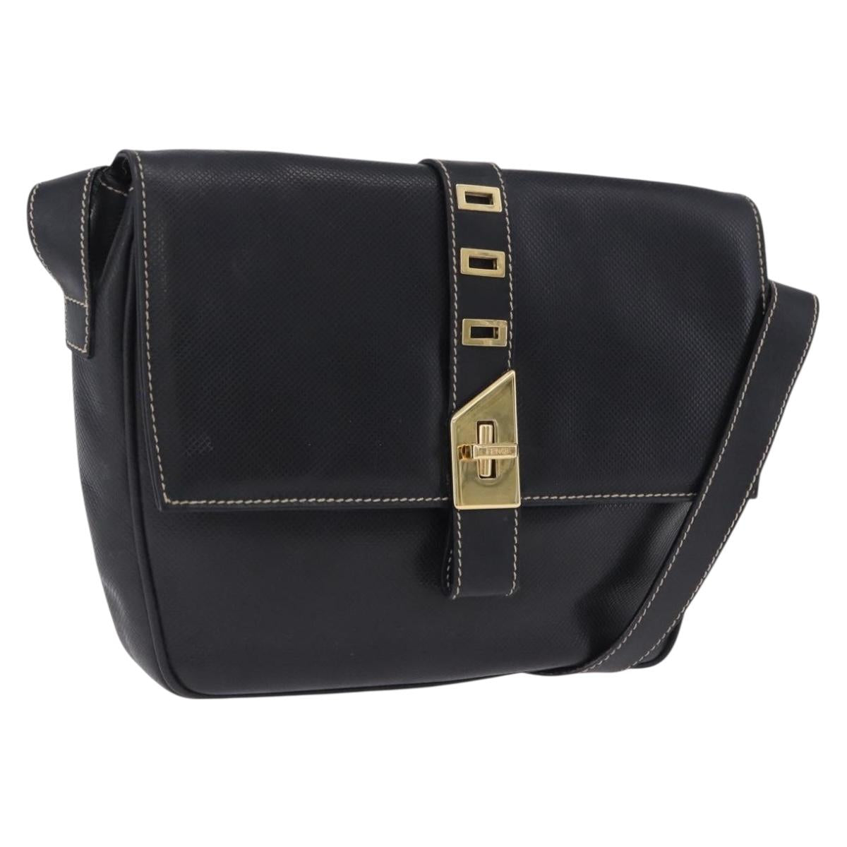 FENDI Shoulder Bag Leather Black Gold Auth 200056