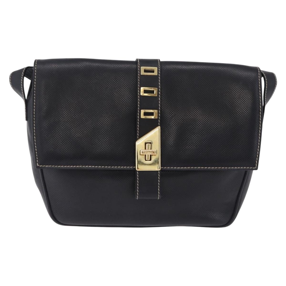 FENDI Shoulder Bag Leather Black Gold Auth 200056