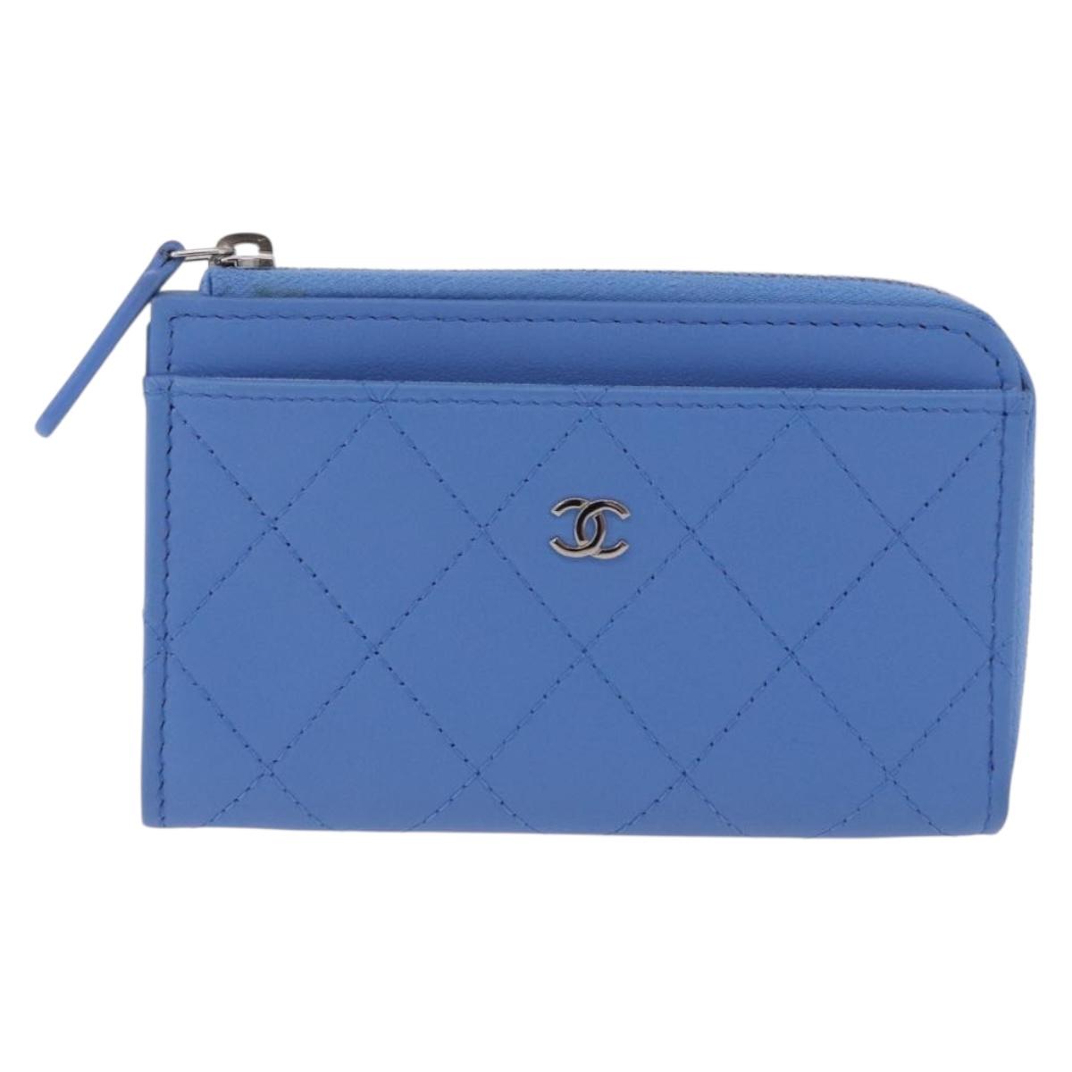 CHANEL Matelasse Fragment Case Wallet Lamb Skin Light Blue CC Auth 200060V