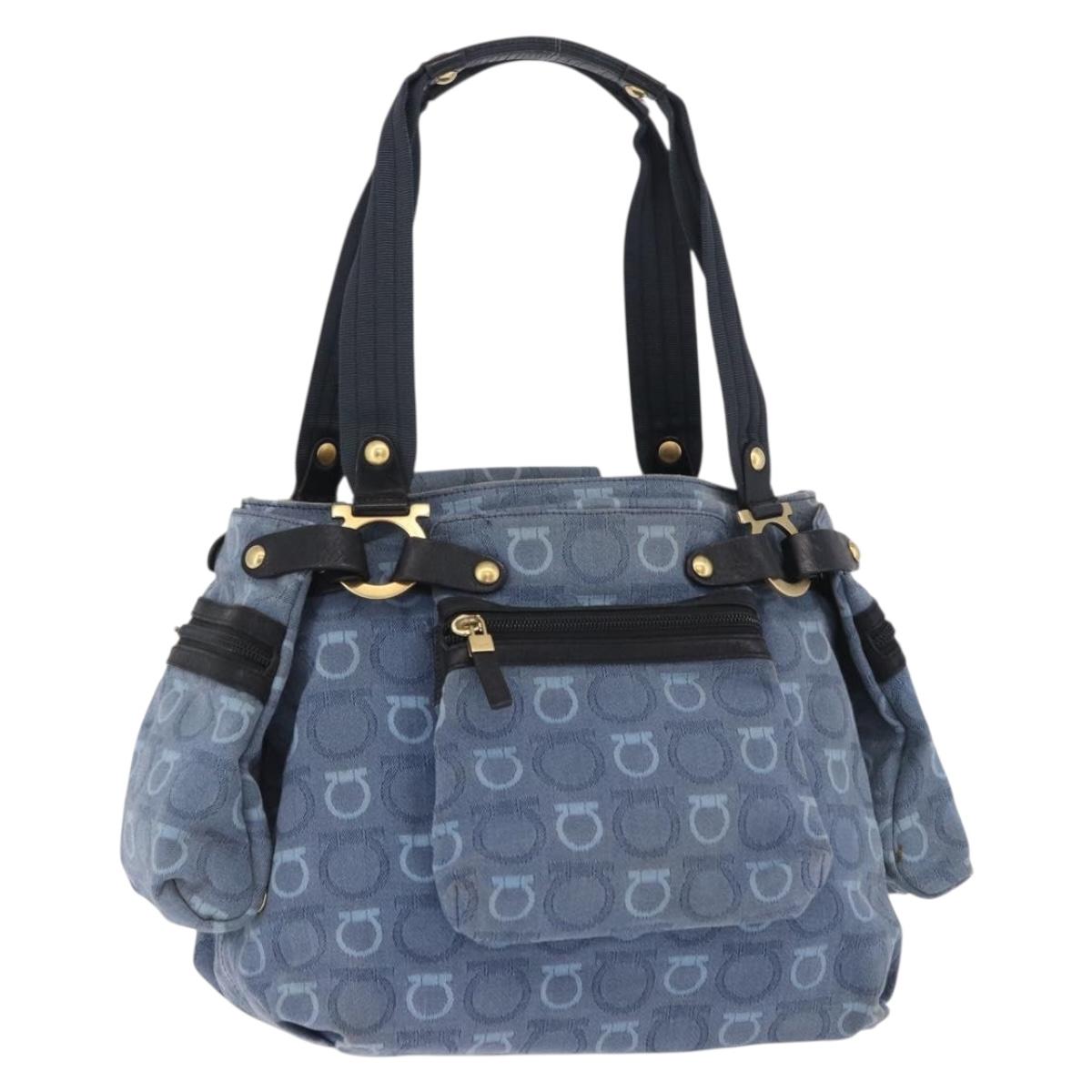 Salvatore Ferragamo Gancini Tote Bag Canvas Navy Gold Auth 200061A