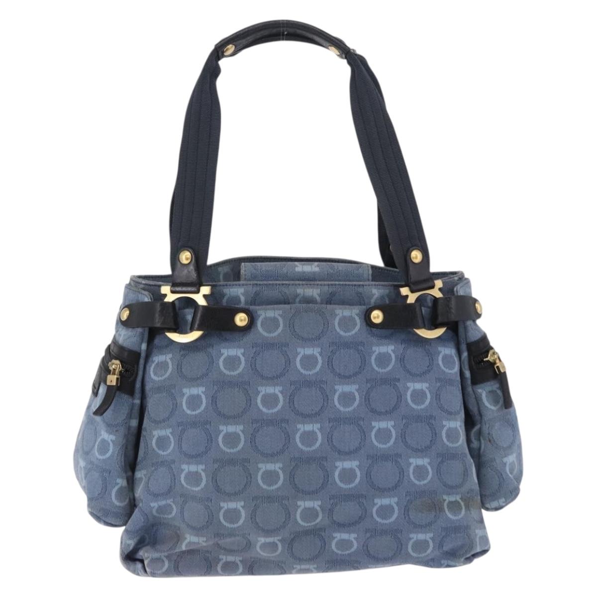 Salvatore Ferragamo Gancini Tote Bag Canvas Navy Gold Auth 200061A
