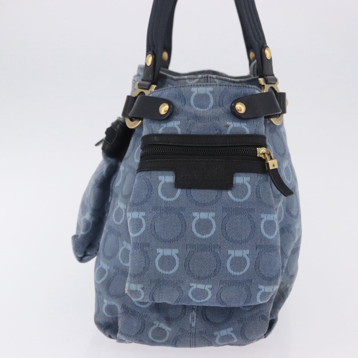 Salvatore Ferragamo Gancini Tote Bag Canvas Navy Gold Auth 200061A