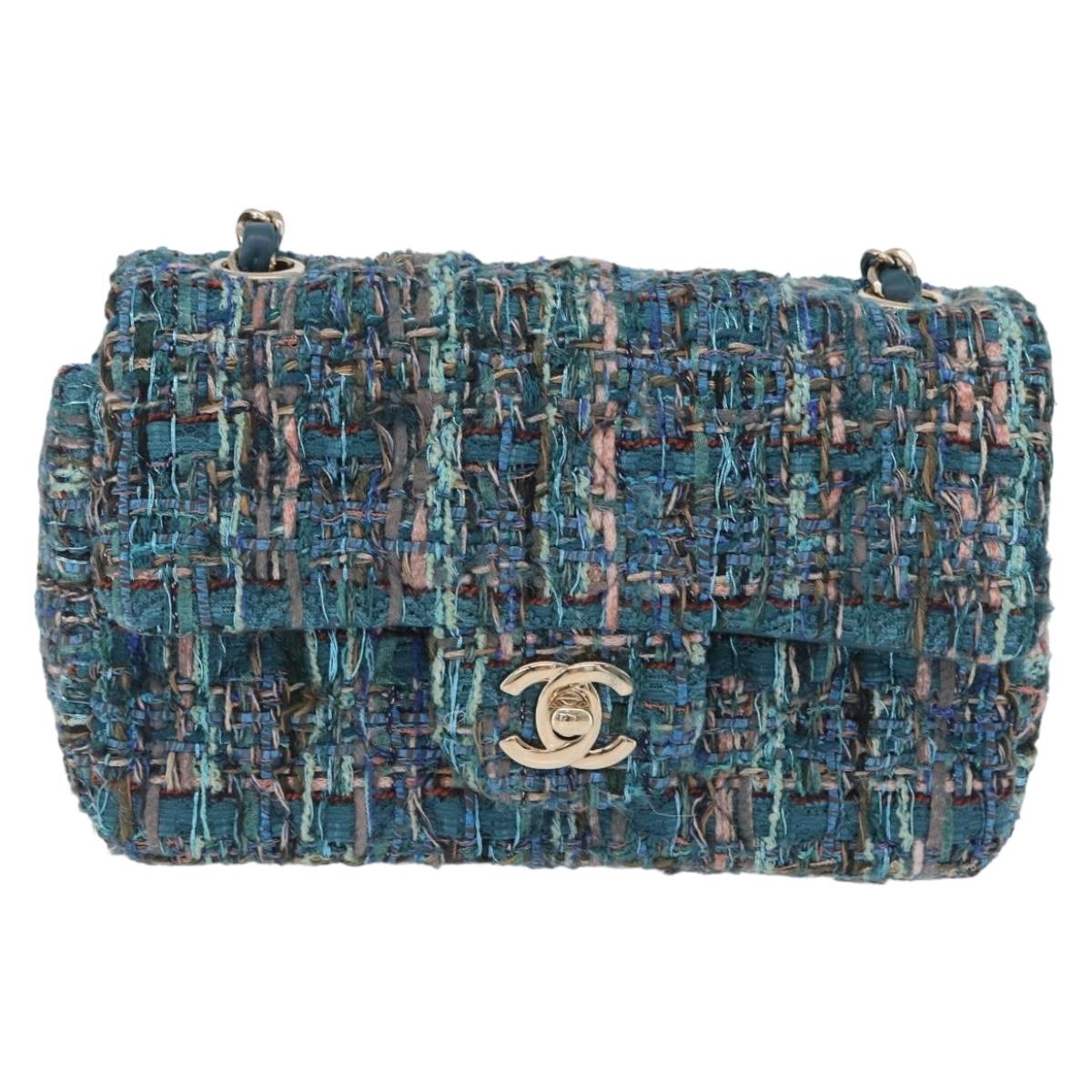 CHANEL Mini Matelasse 20 Chain Shoulder Bag tweed Green Gold CC Auth 200062SM