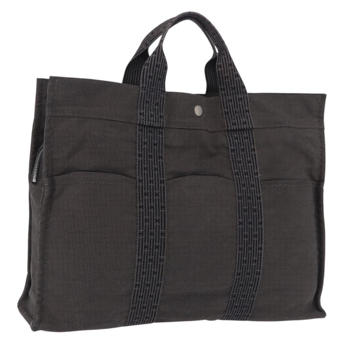 HERMES Her Line MM Hand Bag Canvas Gray Silver Auth 200067