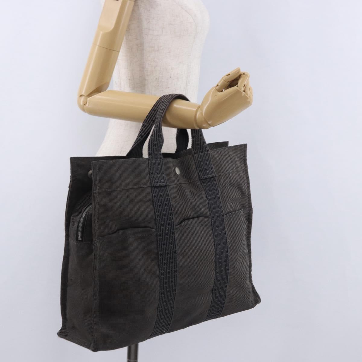 HERMES Her Line MM Hand Bag Canvas Gray Silver Auth 200067