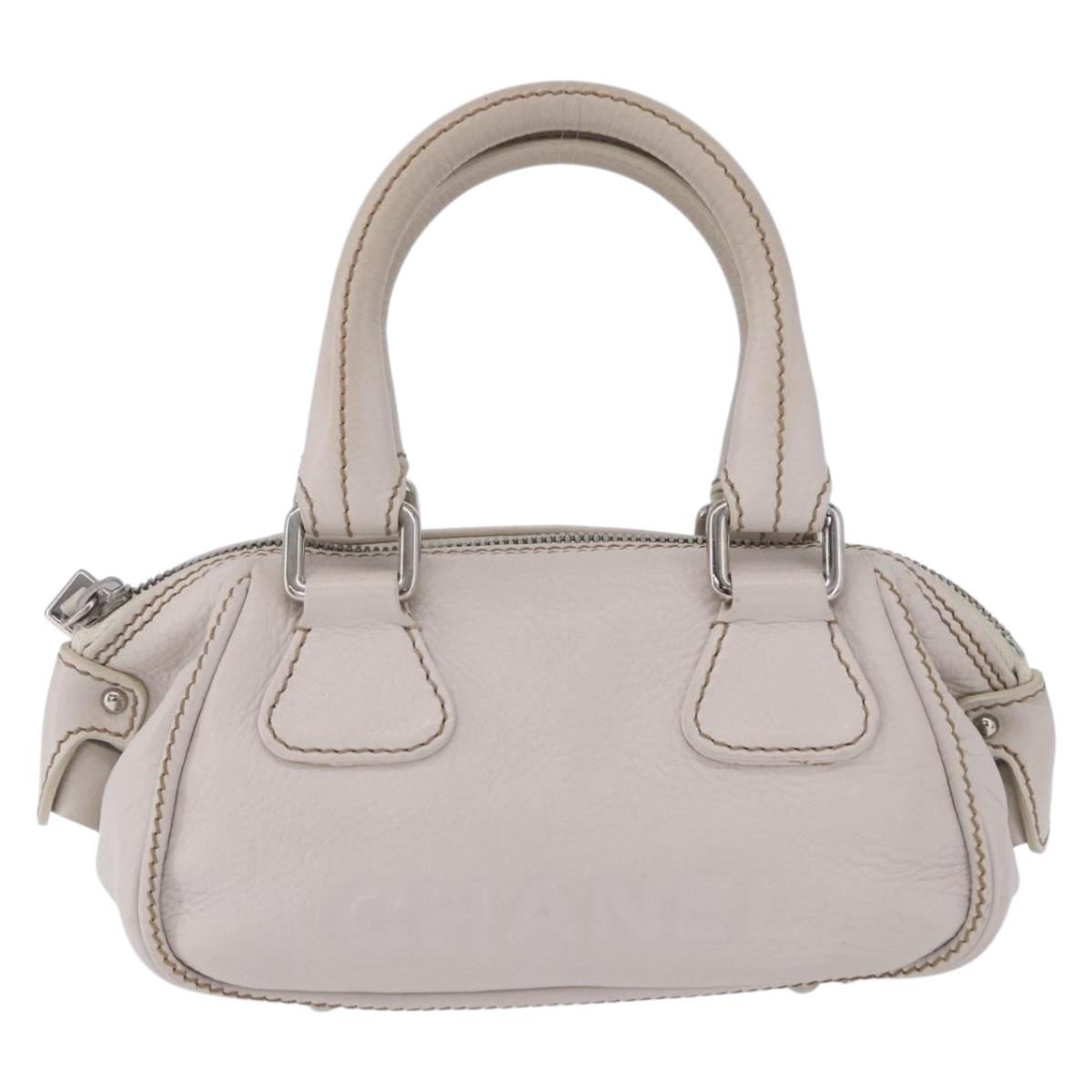 CHANEL Hand Bag Leather White Silver CC Auth 200073V