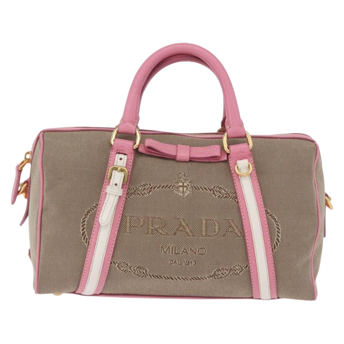 PRADA Hand Bag Jacquard 2way Beige Gold Auth 200074V