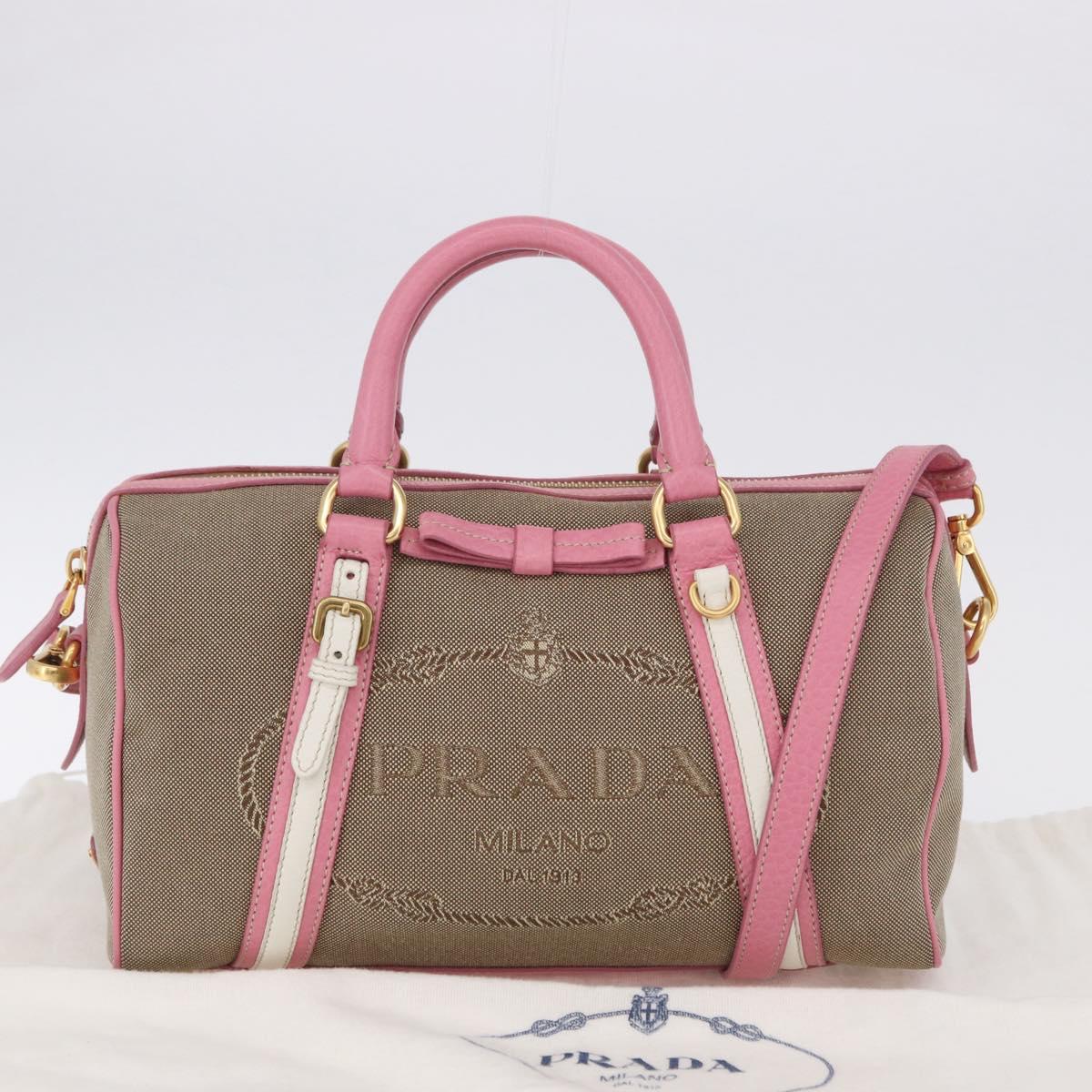 PRADA Hand Bag Jacquard 2way Beige Gold Auth 200074V