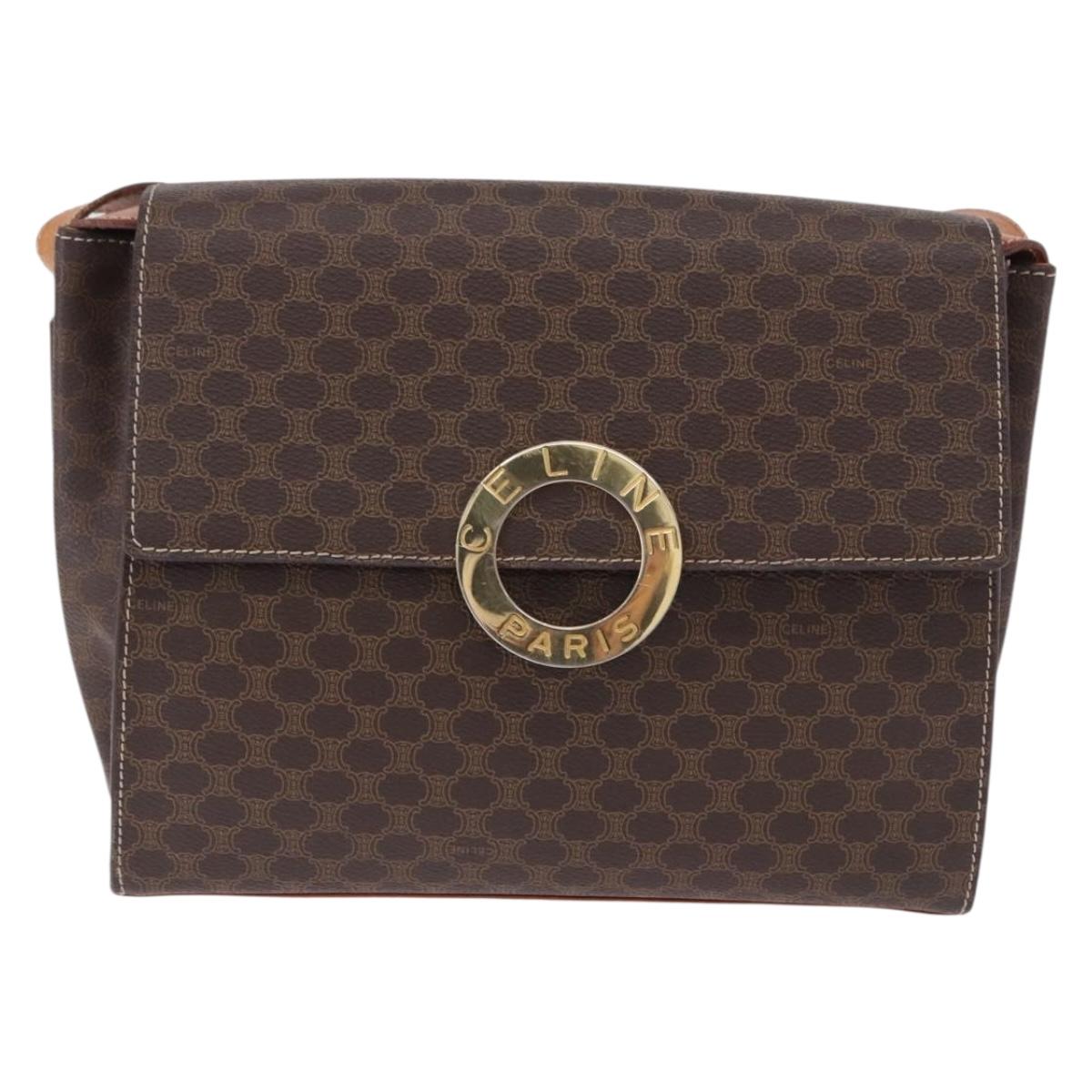 CELINE Macadam Canvas Circle Shoulder Bag PVC Leather Brown Gold Auth 200078A