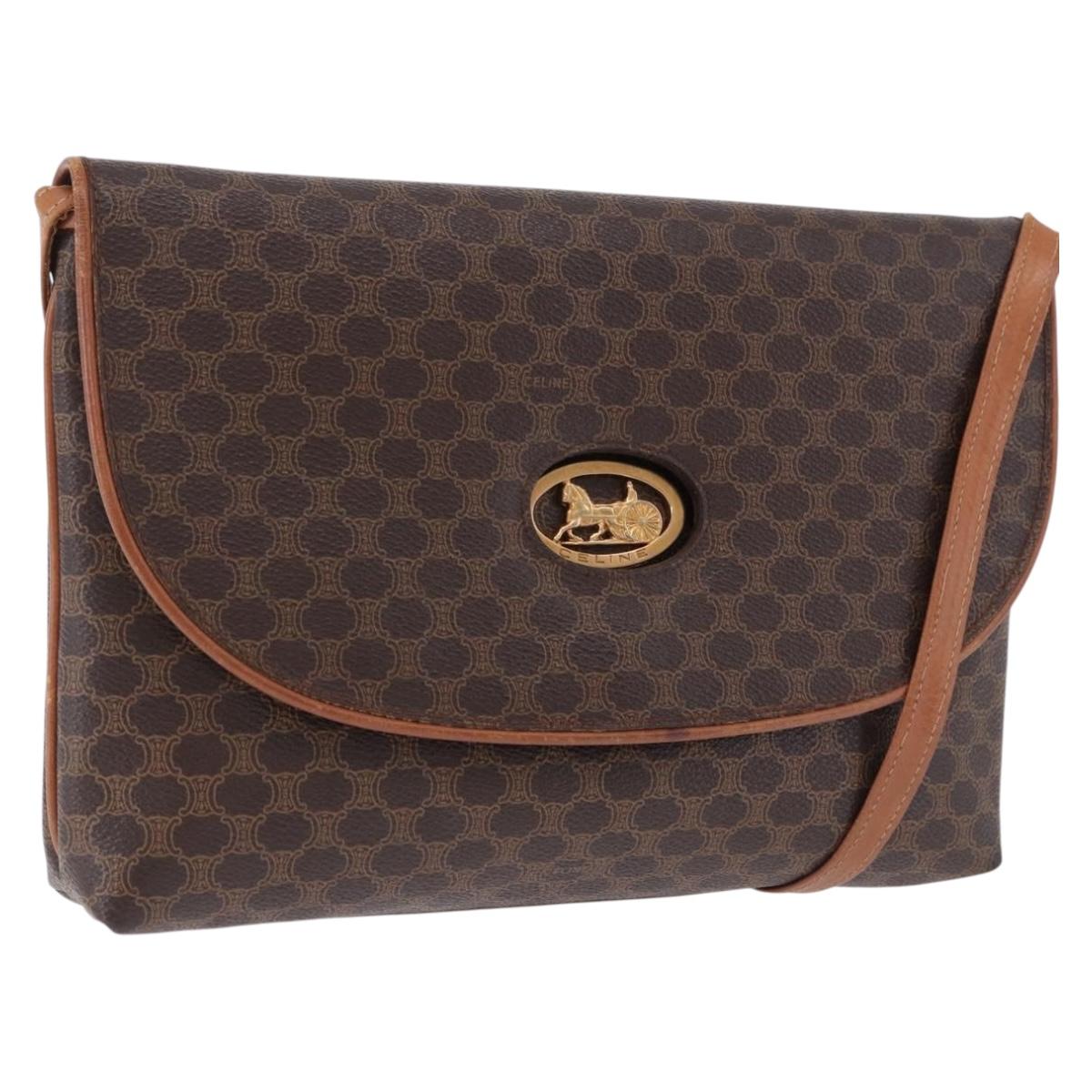 CELINE Macadam Canvas Horse Carriage Bag PVC Leather Brown Gold Auth 200080