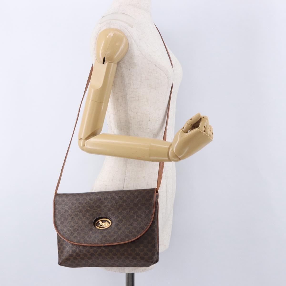 CELINE Macadam Canvas Horse Carriage Bag PVC Leather Brown Gold Auth 200080