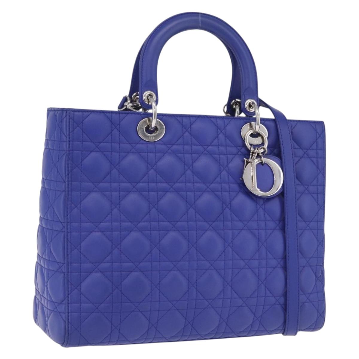Christian Dior Canage Lady Dior Hand Bag Lamb Skin 2way Blue Silver Auth 200084M