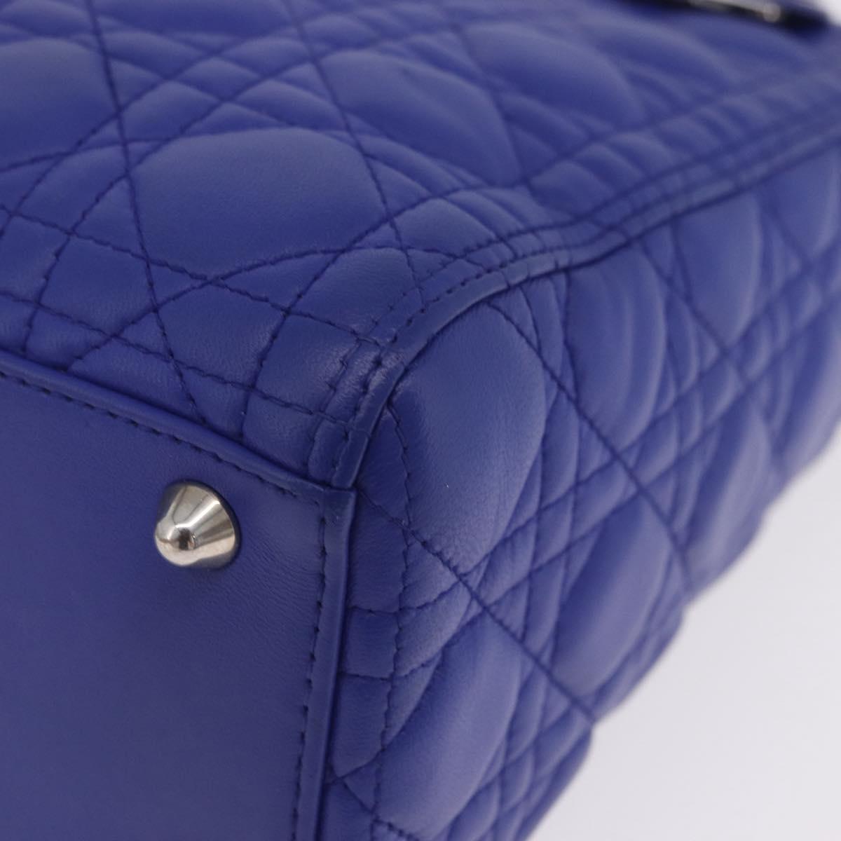 Christian Dior Canage Lady Dior Hand Bag Lamb Skin 2way Blue Silver Auth 200084M