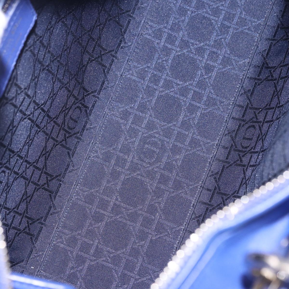 Christian Dior Canage Lady Dior Hand Bag Lamb Skin 2way Blue Silver Auth 200084M