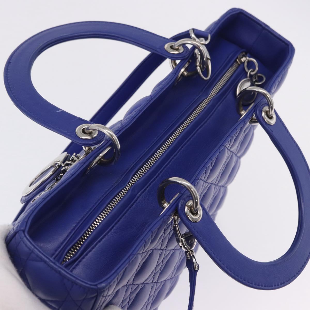 Christian Dior Canage Lady Dior Hand Bag Lamb Skin 2way Blue Silver Auth 200084M