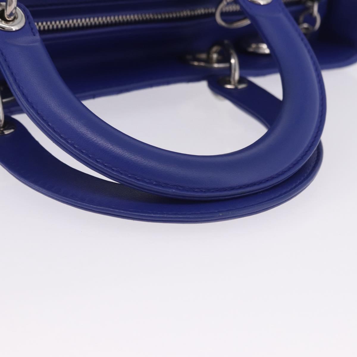 Christian Dior Canage Lady Dior Hand Bag Lamb Skin 2way Blue Silver Auth 200084M