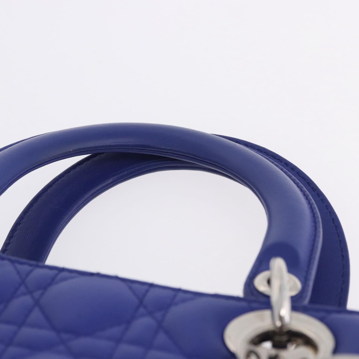 Christian Dior Canage Lady Dior Hand Bag Lamb Skin 2way Blue Silver Auth 200084M
