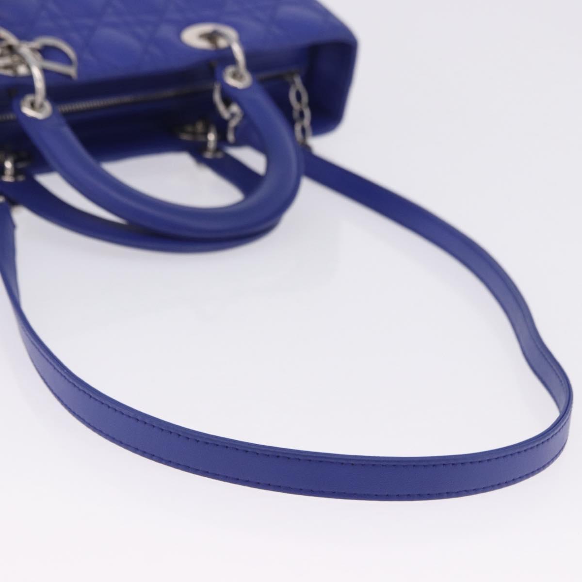 Christian Dior Canage Lady Dior Hand Bag Lamb Skin 2way Blue Silver Auth 200084M