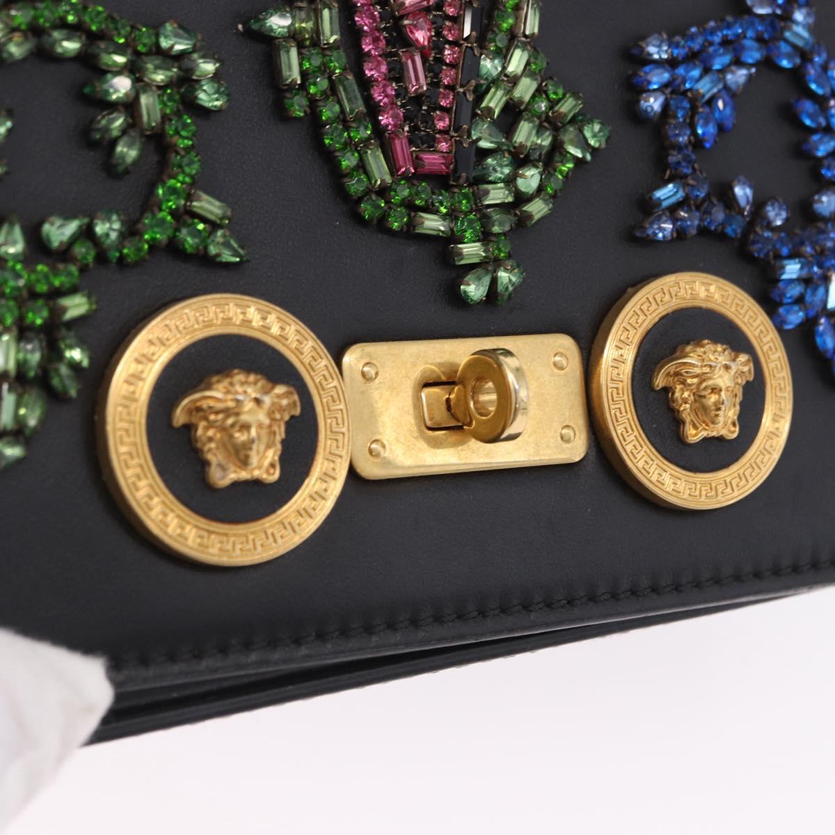 VERSACE Medusa Chain Shoulder Bag Leather Black Gold Auth 200090M