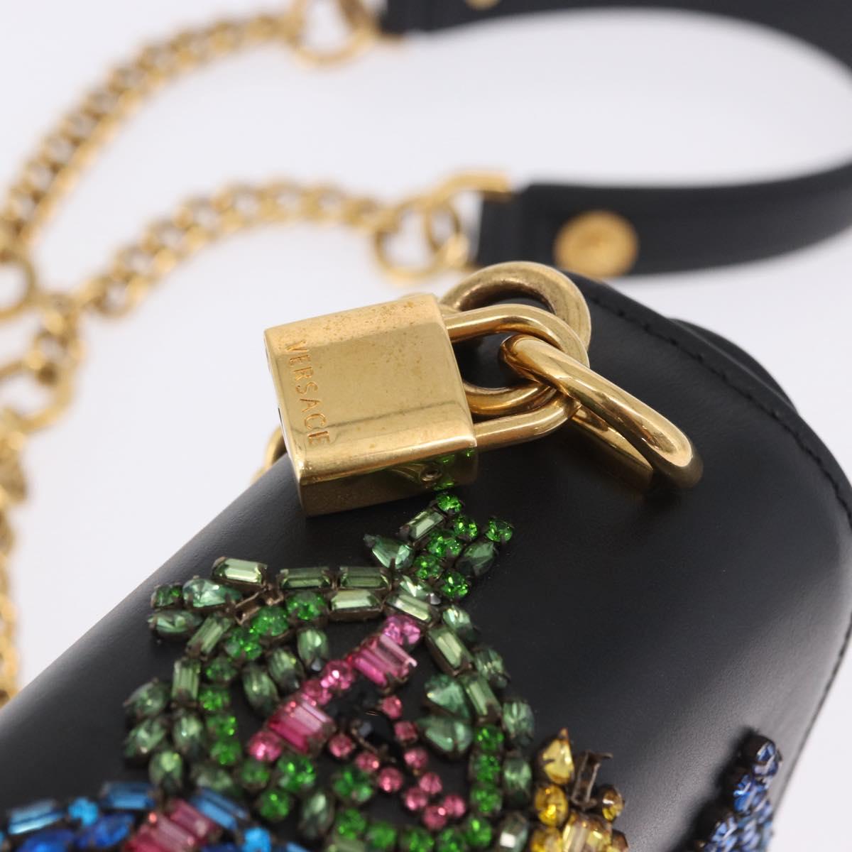 VERSACE Medusa Chain Shoulder Bag Leather Black Gold Auth 200090M
