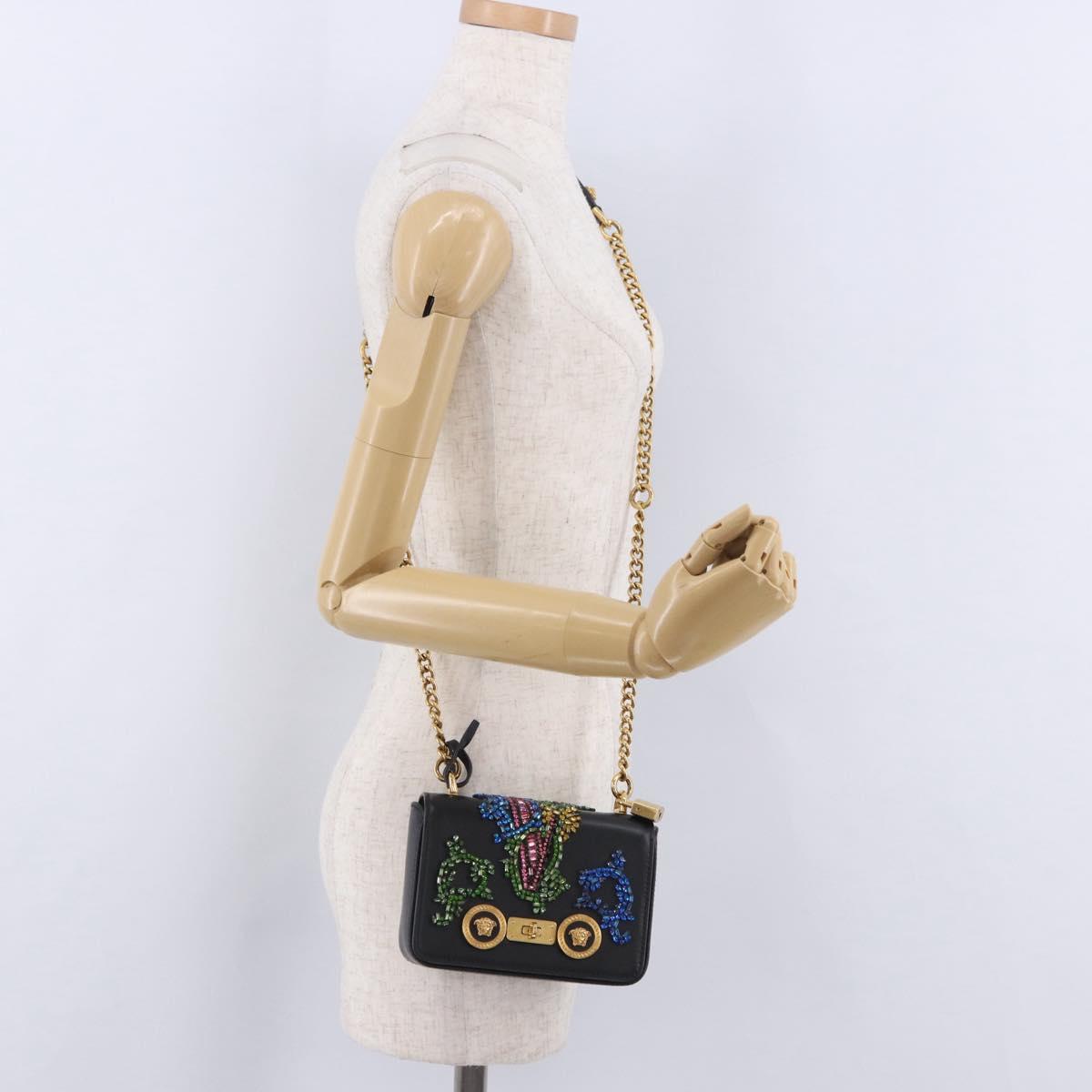 VERSACE Medusa Chain Shoulder Bag Leather Black Gold Auth 200090M