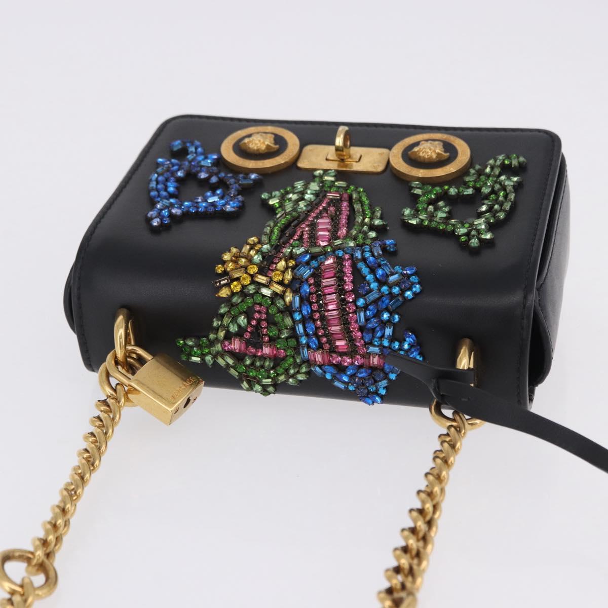 VERSACE Medusa Chain Shoulder Bag Leather Black Gold Auth 200090M