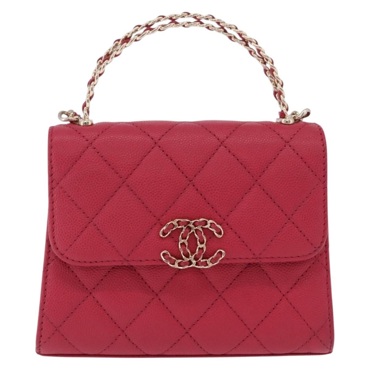 CHANEL Matelasse Top Handle Chain Caviar Skin 2way Red Gold CC Auth 200091SAM