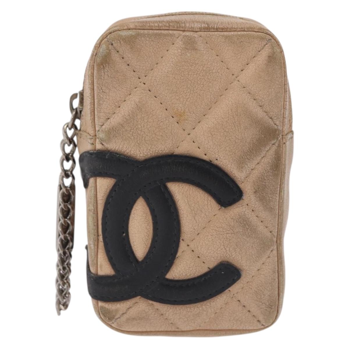 CHANEL Cambon Line Matelasse Cigarette Case Leather Beige CC Auth 200101