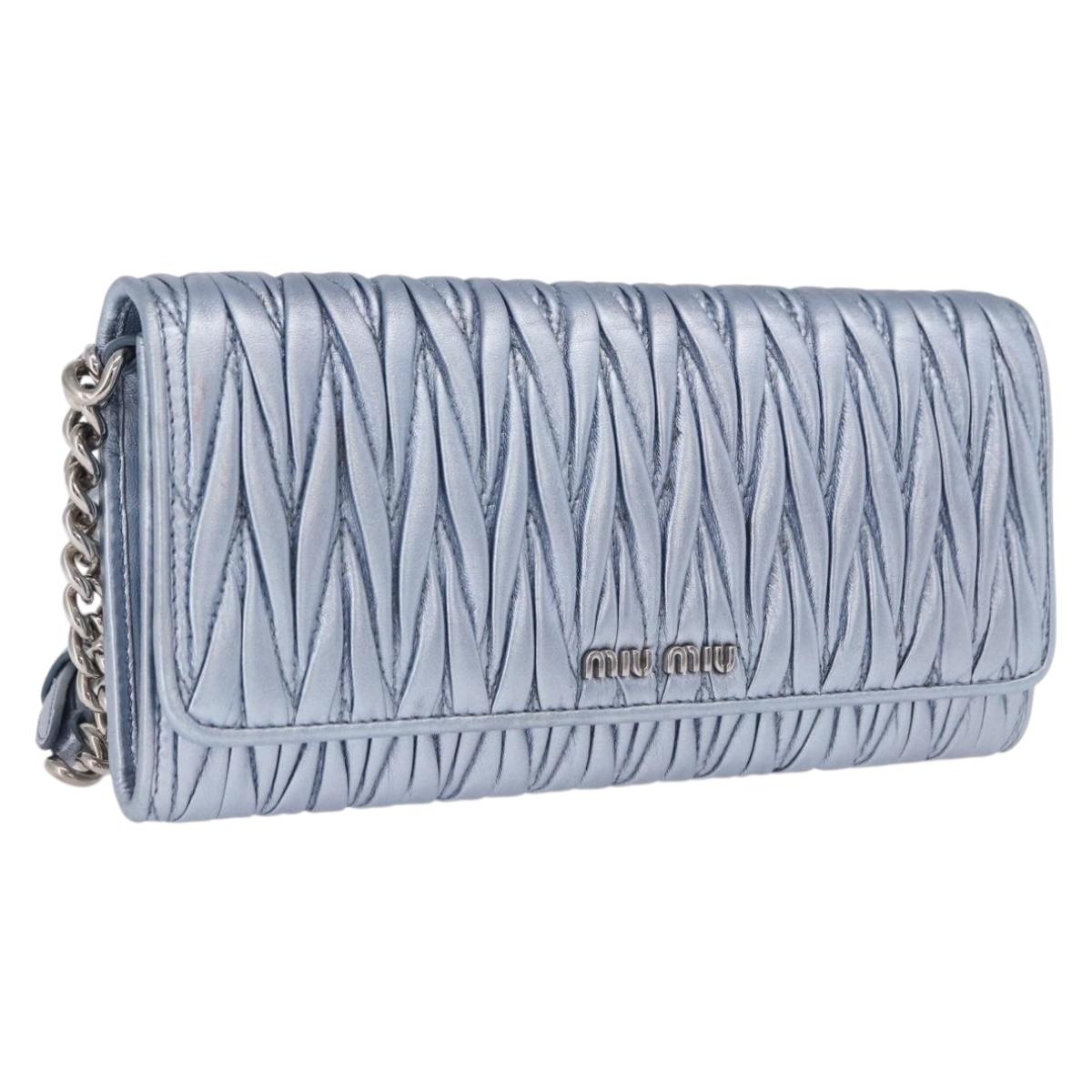 Miu Miu Matelasse Wallet Shoulder Bag Leather Light Blue Silver Auth 200112M