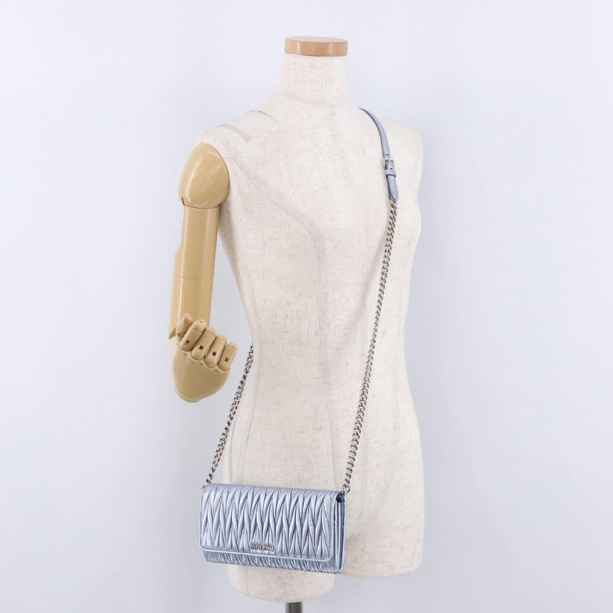 Miu Miu Matelasse Wallet Shoulder Bag Leather Light Blue Silver Auth 200112M