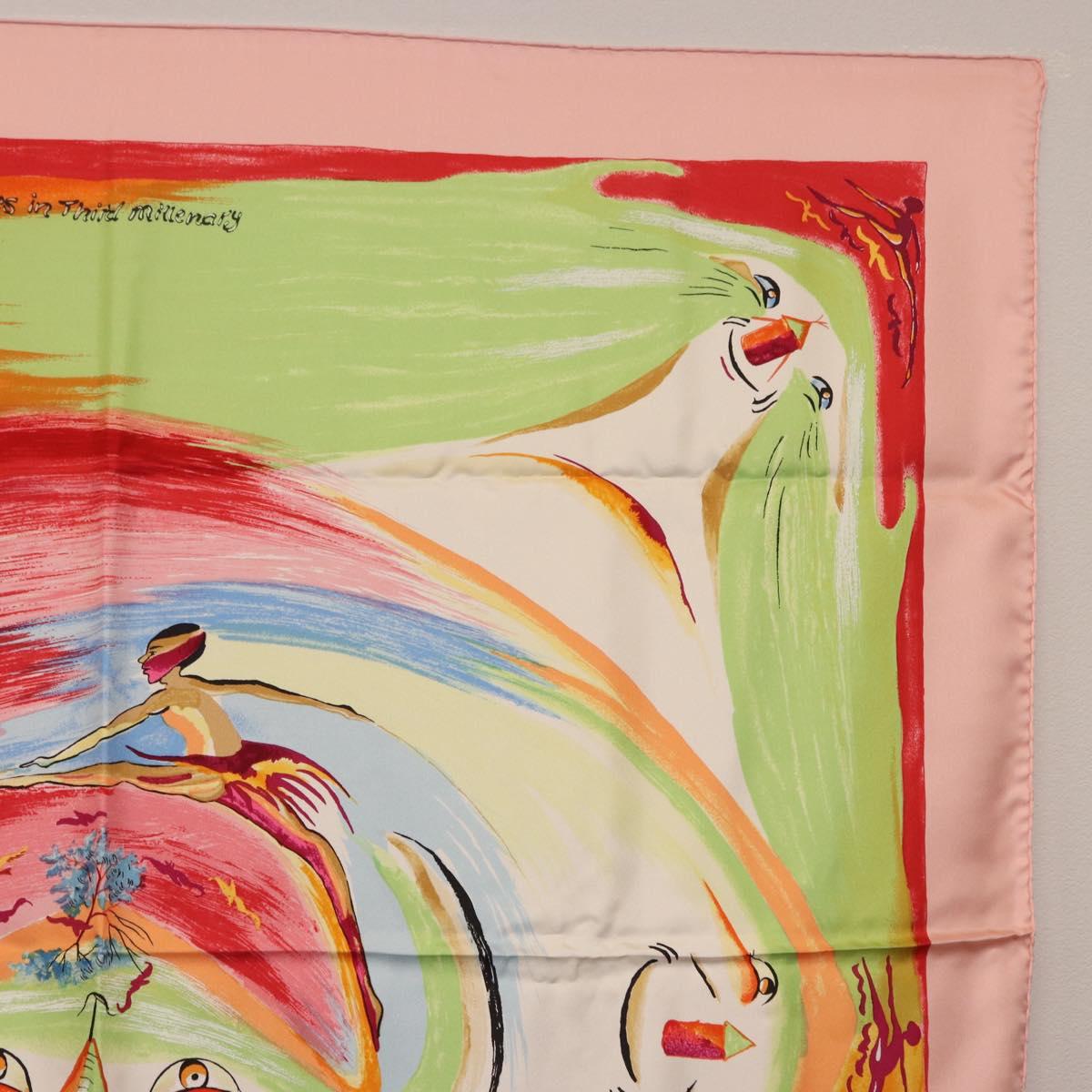 HERMES Carre 90 Scarf Silk ""Smiles in Third millenary"" Pink Auth 200117M