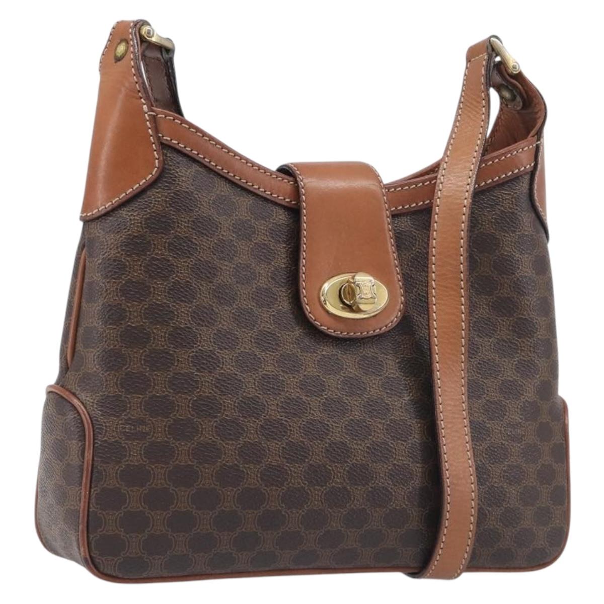 CELINE Macadam Shoulder Bag PVC Leather Brown Gold Tone Auth 200132